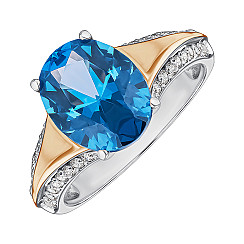 Каблучка зі срібла з золотими накладками кварцом London blue і фіанітами 1432/1р-QLB