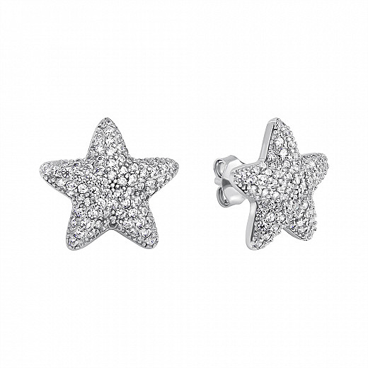 Серебряные серьги-пуссеты Звездочки с фианитами  1SE61408-E-E/12/1