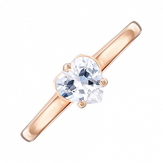 Каблучка з червоного золота з білим фіанітом у вигляді серця 13114